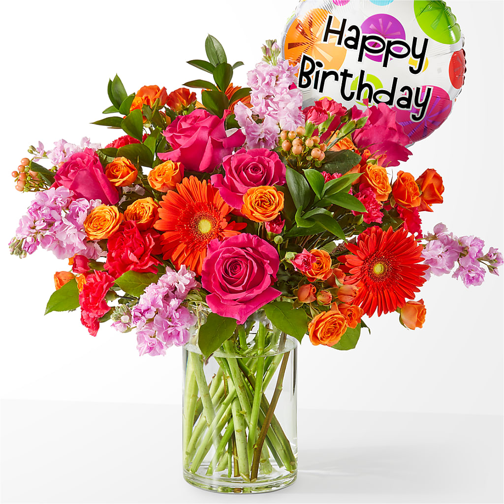 Fiesta Bouquet with Birthday Balloon – ELIZABETH'S BLUE GARDEN LLC, Raritan NJ