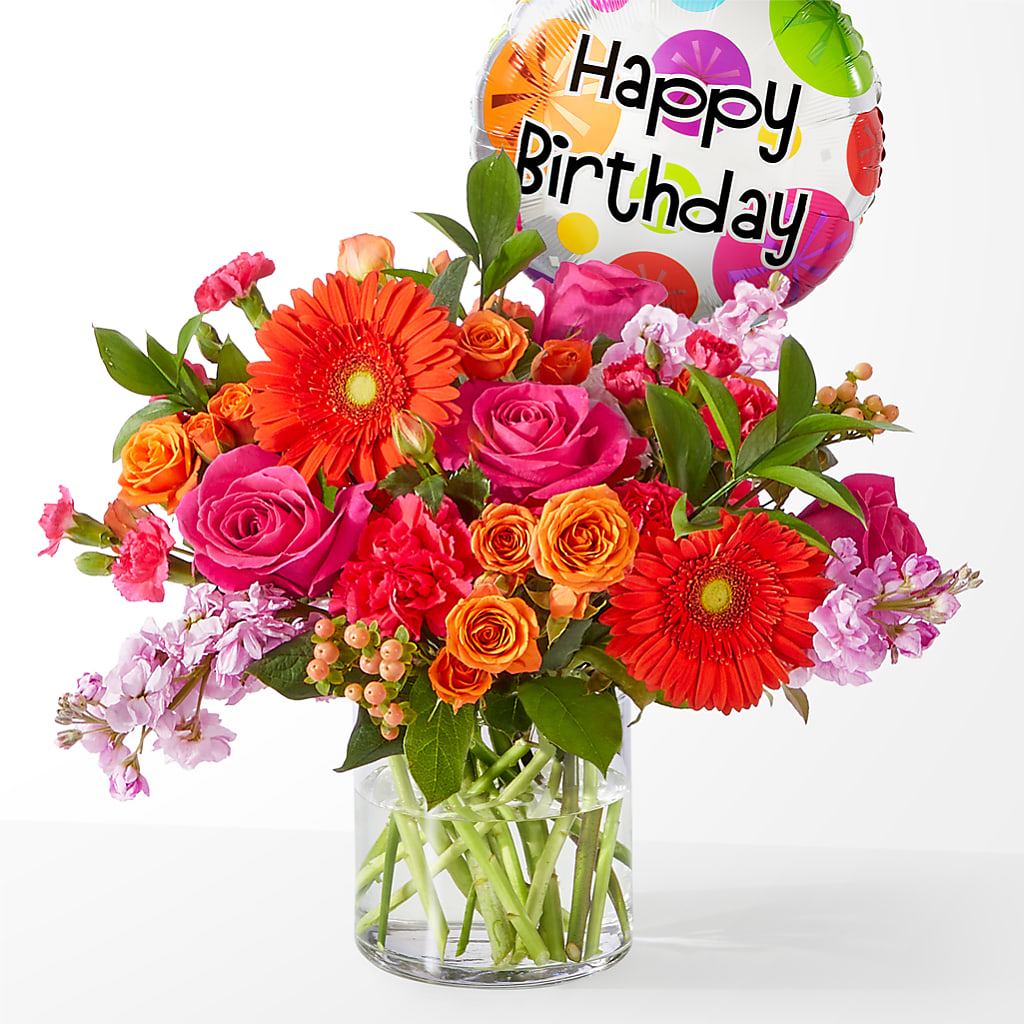 Fiesta Bouquet with Birthday Balloon – ELIZABETH'S BLUE GARDEN LLC, Raritan NJ