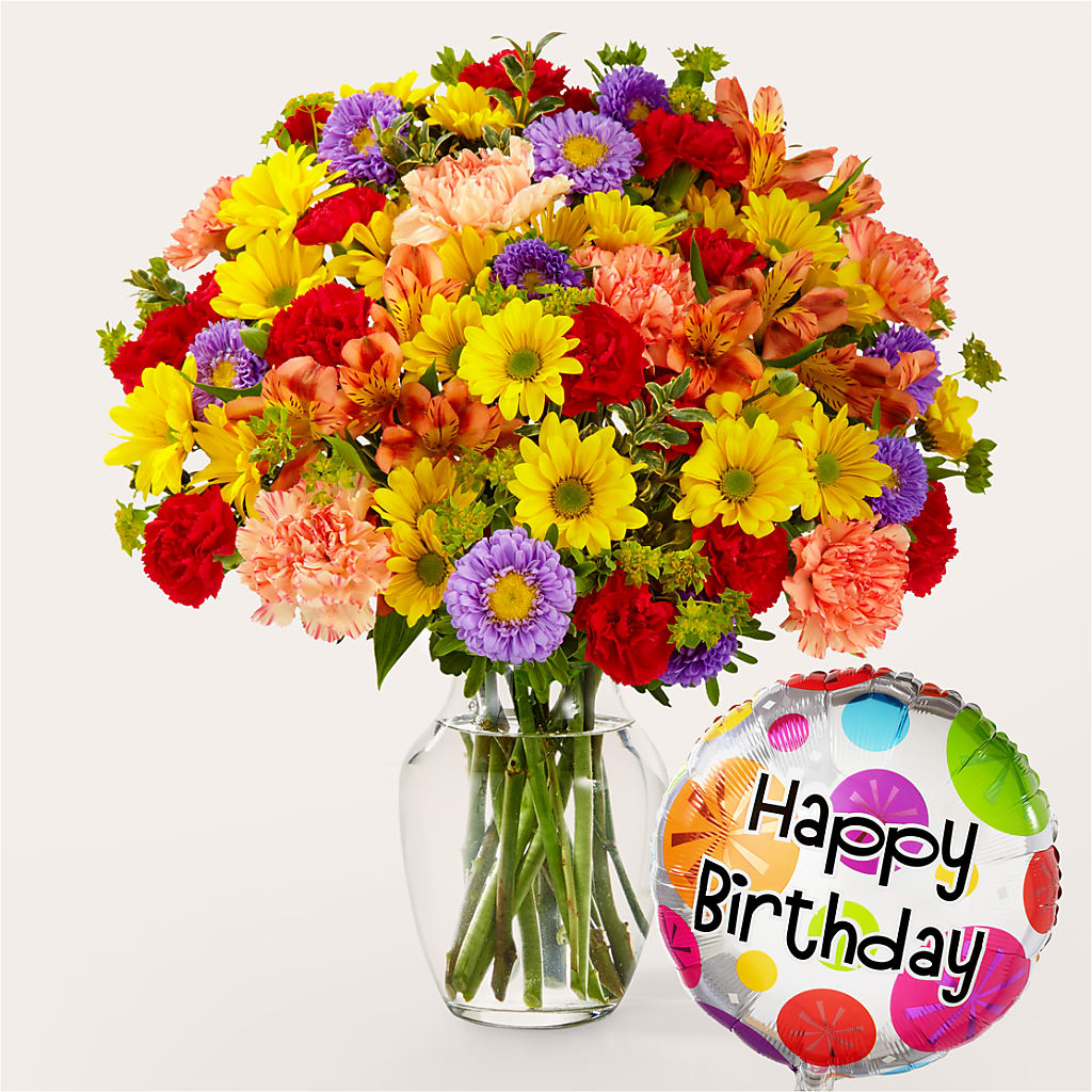 Kaleidoscope Bouquet with Birthday Balloon – ELIZABETH'S BLUE GARDEN LLC, Raritan NJ