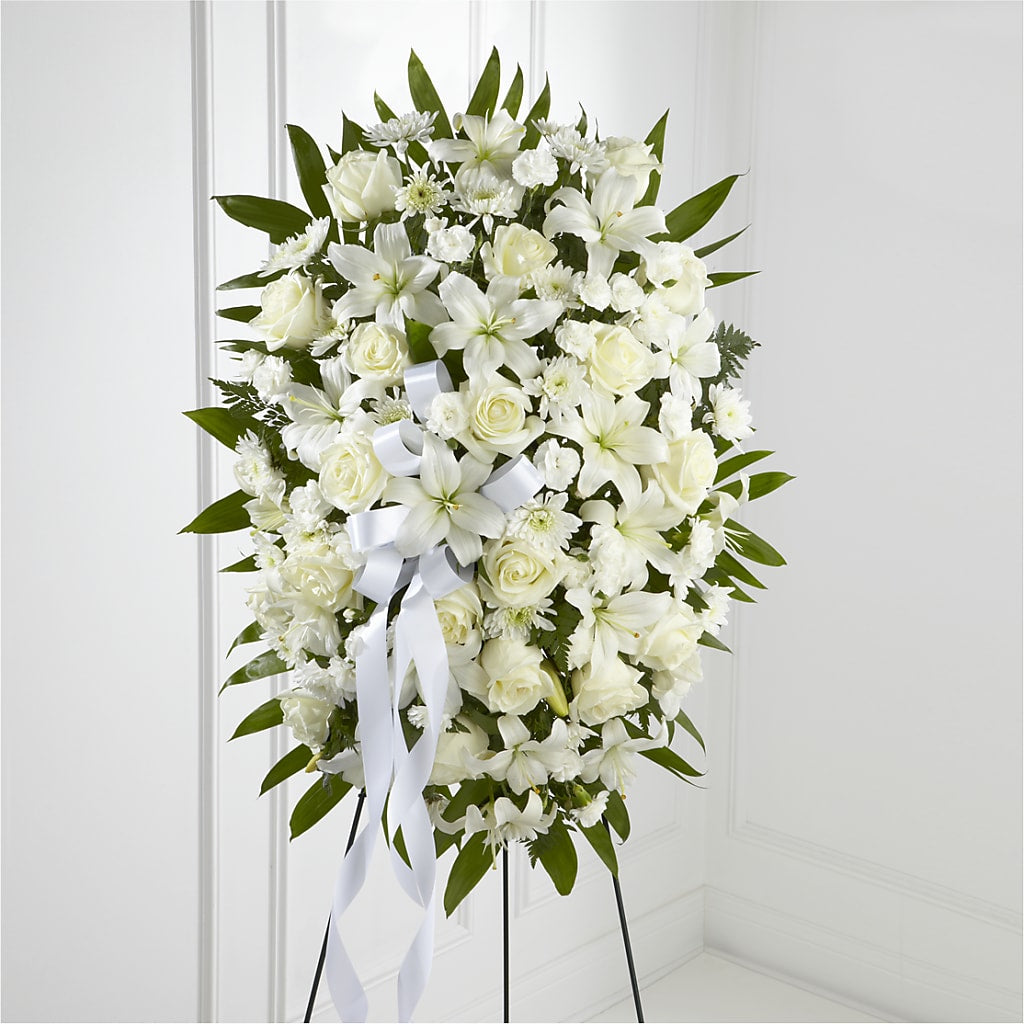 Exquisite Tribute Standing Spray-White Ribbon – ELIZABETH'S BLUE GARDEN LLC, Raritan NJ