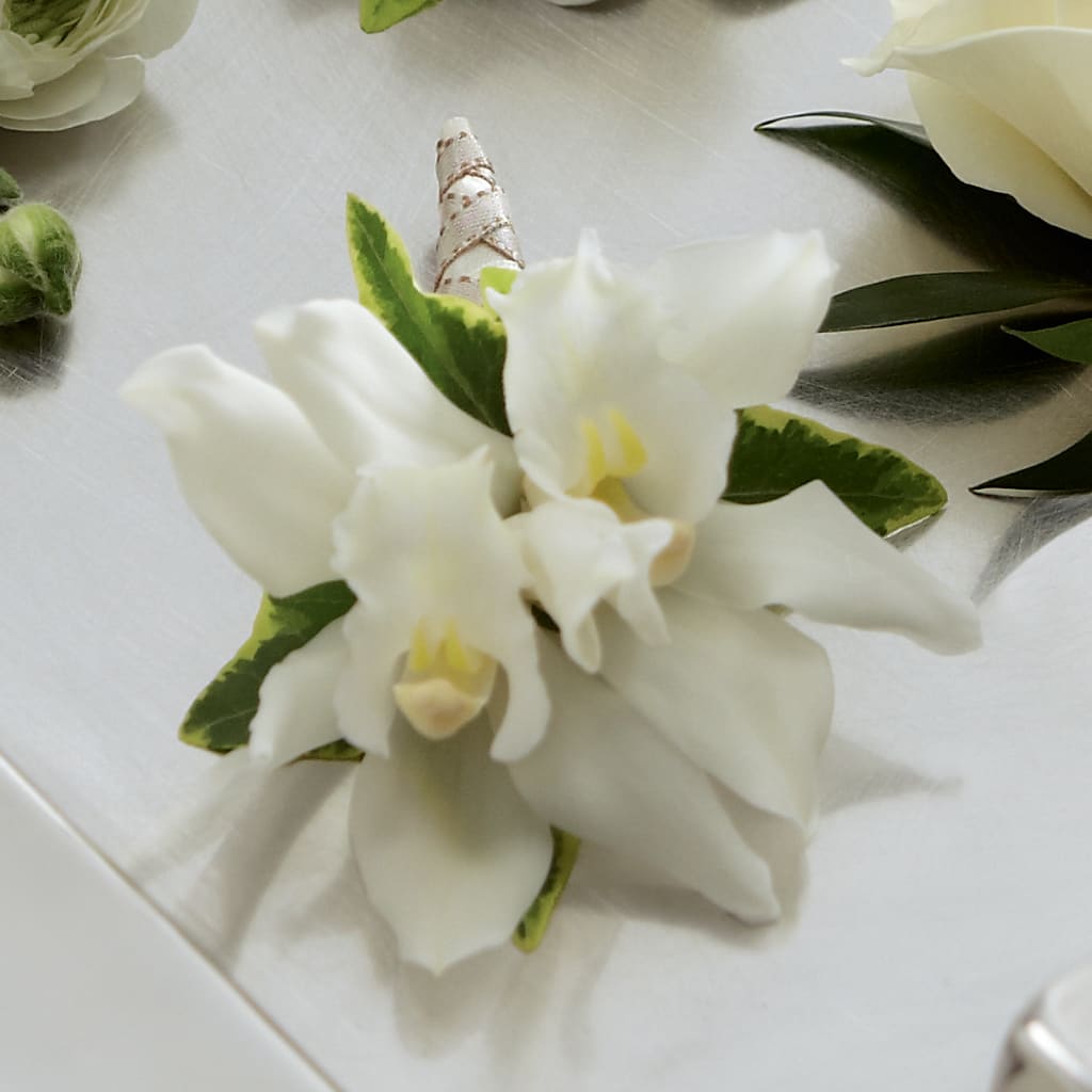White Mini Cymbidium Boutonniere – ELIZABETH'S BLUE GARDEN LLC, Raritan NJ